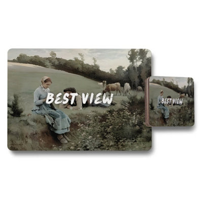 B&Q -  Elegant Wooden Bottom Placemat And Coaster Set With Fine Art Print Limited Edition