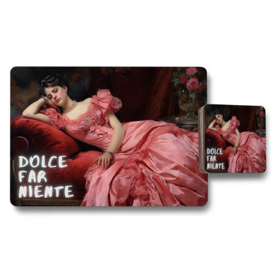 B&Q -  Placemat And Coaster Set Dolce Far Niente Collection With Wooden Base And Designer Artwork Limited Edition