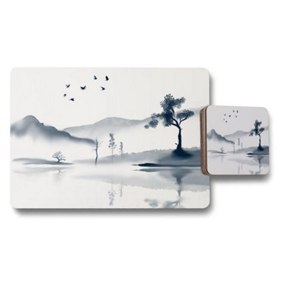 B&Q -  Limited Edition Ink Wash Landscape Placemat And Coaster Set With Wood Bottom Art Collection