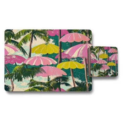 B&Q -  Placemat And Coaster SetTropical Palm Umbrella ArtworkWood BottomLimited Edition