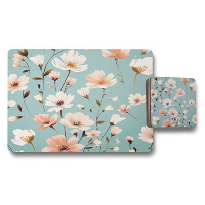 B&Q -  Placemat And Coaster Set With Wood Bottom And Designer Floral Artwork Exclusive Edition