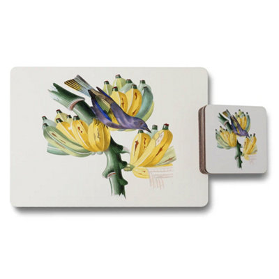 B&Q -  Placemat And Coaster Set Of 12 With Bananas And Blue Bird Artwork Wood Bottom Limited Edition