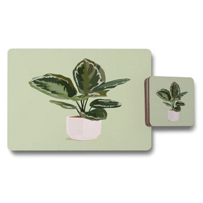 B&Q -  Placemat And Coaster Set Designer Artwork Botanical Collection Wood Base Exclusive