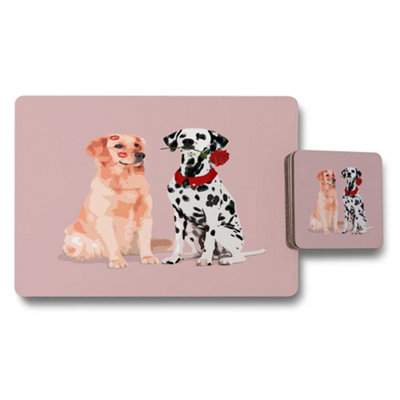 B&Q -  Two Dog Portraits Placemat And Coaster Set With Wood Backing Pink Background Limited Edition