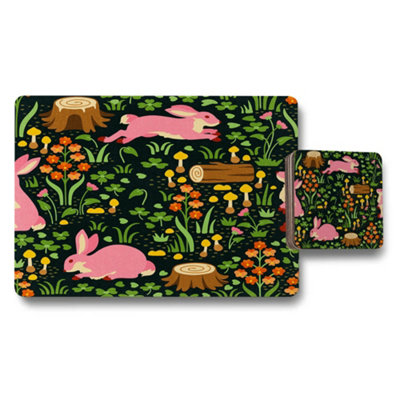 B&Q -  Placemat And Coaster Set 12 Piece Rabbit Meadow Designer Artwork Collection With Wood Backing Exclusive