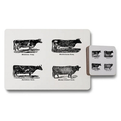 B&Q -  Designer Cow Print Placemat And Coaster Set With Wood Bottom From Heritage Collection Limited Edition