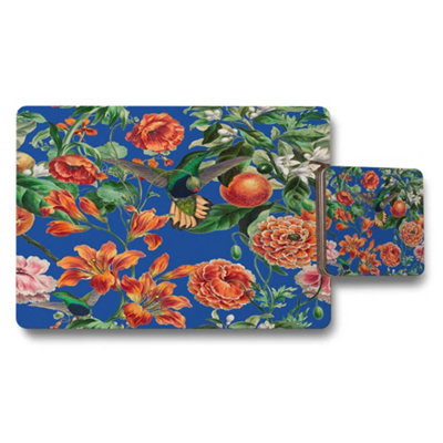 B&Q -  Designer Floral Hummingbird Placemat Coaster Set With Wood Bottom In Exclusive Print Collection