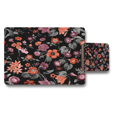 B&Q -  Designer Floral Placemat Coaster Set Twelve Piece In Black With High End Print Technology Exclusive Artwork