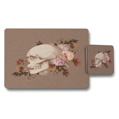 Benjamin Tate Design Skull Floral Placemat And Coaster SetDesigner ArtworkWood BackingExclusive Collection from B&Q