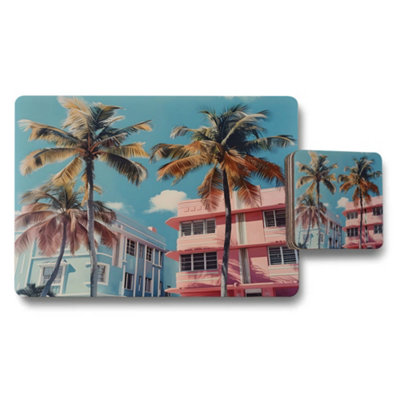 B&Q -  Placemat And Coaster Set Palm Springs Art Deco Print On Wood Bottom With Designer Artwork Exclusive