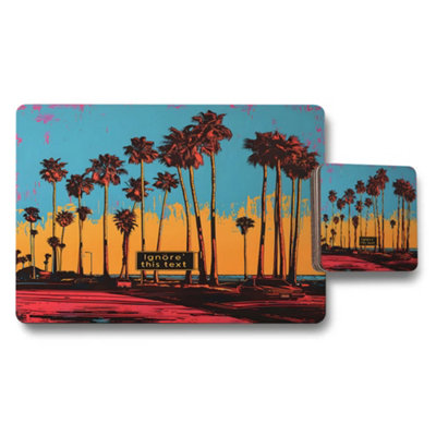 B&Q -  Placemat And Coaster Set With Wood Bottom And Designer Palm Artwork Exclusive Edition