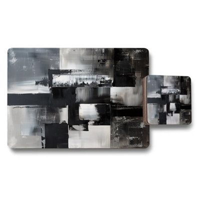 B&Q -  Abstract Monochrome Placemat Coaster Set With Wood Bottom Designer Artwork Collection Limited Edition