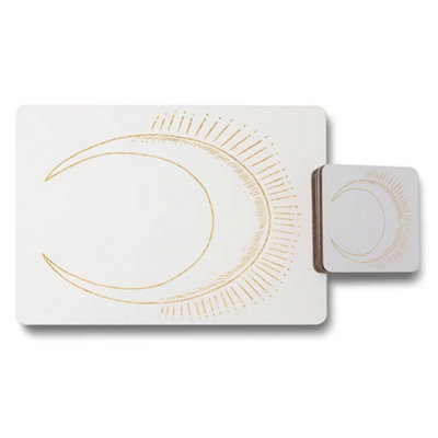 B&Q -  Placemat And Coaster Set Gold Moon Motif With Wood Bottom Limited Edition Designer Artwork Collection