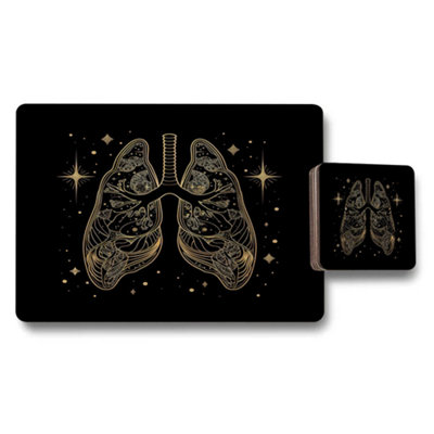 B&Q -  Gold Foil Lungs Placemat And Coaster Set With Wood Base Limited Edition Exclusive Artwork