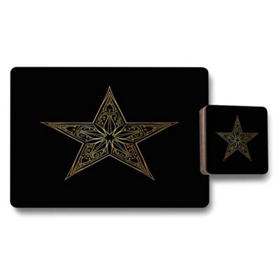 B&Q -  Gold Star Embellished Placemat Coaster Set With Black Background And Wood Base Limited Edition