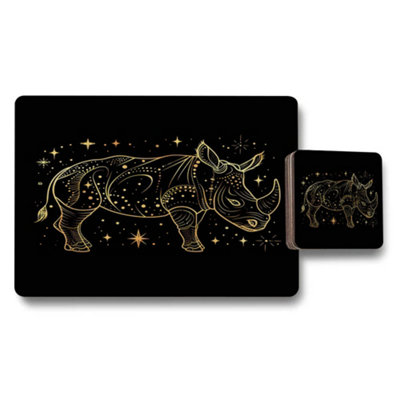 B&Q -  Limited Edition Gold Rhino Artwork Placemat And Coaster Set On Black Background With Luxury Finish