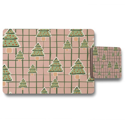 B&Q -  Placemat And Coaster Set Christmas Tree Print With Wood Bottom Limited Edition Exclusive