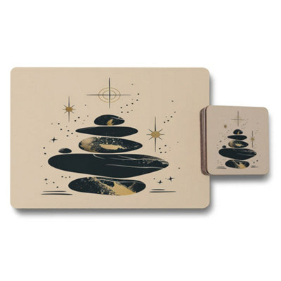 B&Q -  Designer Stone Stack Placemat And Coaster Set With Wood Bottom Limited Edition Art