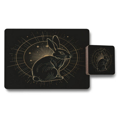 B&Q -  Designer Rabbit Geometry Placemats And Coasters Set In Gold Embossed Artwork On Black Limited Edition