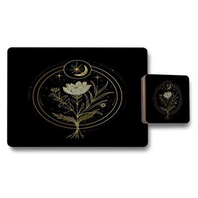 B&Q -  Gold Foil Botanical Placemat And Coaster Set Of Twelve With Designer Artwork On Black Background Limited Edition