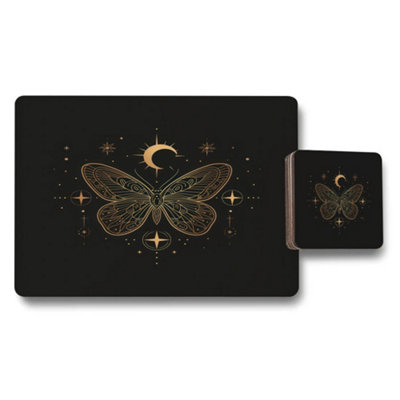 B&Q -  Gold Foil Butterfly Placemat And Coaster Set In Black Designer Artwork Collection Exclusive