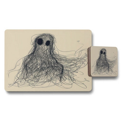 B&Q -  Designer Ghost Sketch Placemat And Coaster Set With Wood Base And Artisan Print Limited Edition