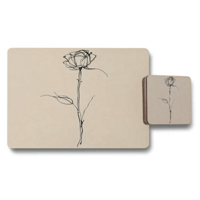 B&Q -  Artisan Rose Sketch Placemat And Coaster Set With Wood Base Designer Artwork Limited Edition