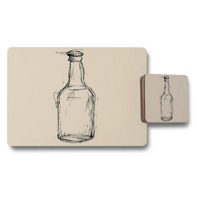 B&Q -  Designer Bottle Sketch Placemat And Coaster Set With Wood Base Limited Edition Collection