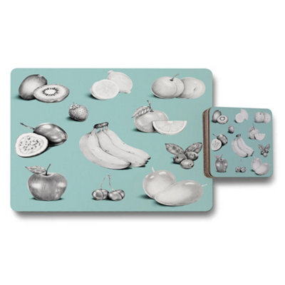 B&Q -  Placemat And Coaster Set Designer Artwork Teal Backing With Wood Bottom Limited Edition