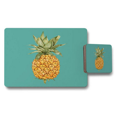 B&Q -  Placemat And Coaster Set Pineapple Artwork On Wood Bottom Teal Luxe Collection Limited Edition