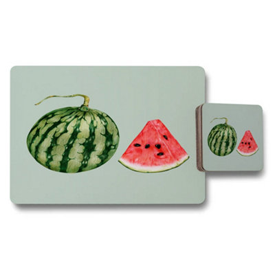 Benjamin Tate Design Watermelon Designer Artwork Placemat Coaster Set With Wood Backing Natural 12 Pieces from B&Q