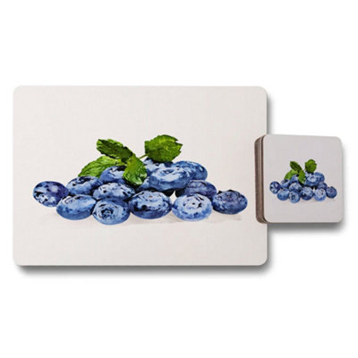 B&Q -  Blueberry Designer Placemat And Coaster Set With Wood Base Premium Print Artwork Limited Edition