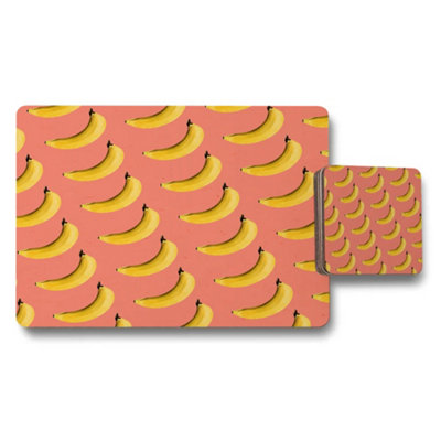 B&Q -  Placemat And Coaster Set Banana Pattern Designer Artwork With Wood Bottom Limited Edition