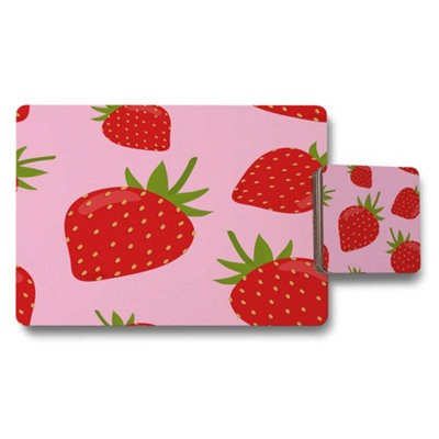 B&Q -  Strawberry Pattern Placemat And Coaster SetPink Designer ArtworkWood BackLimited Edition