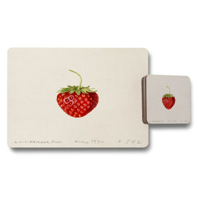 B&Q -  Designer Strawberry Artwork Placemat And Coaster Set With Wood Bottom Limited Edition