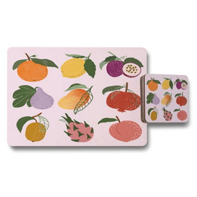 B&Q -  Designer Fruit Artwork Placemat And Coaster Set With Wood Bottom Exclusive Print Technology