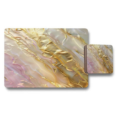 B&Q -  Iridescent Marble Luxe Placemat And Coaster Set With Wood Bottom Limited Edition Collection