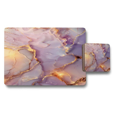 B&Q -  Marble Vein Gold Onyx Designer Artwork Placemat And Coaster Set With Wood Bottom