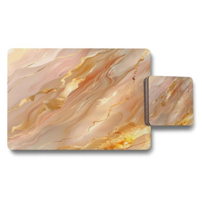 B&Q -  Marble Luxe Placemat And Coaster Set With Wood Backing Designer Artwork Collection Exclusive Edition