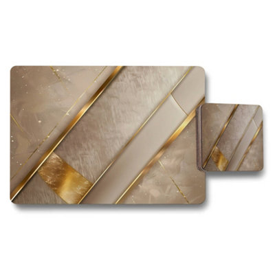 Benjamin Tate Design Geometric Gold Marble Placemats And Coasters Set With Limited Edition Artwork And Wood Backing from B&Q