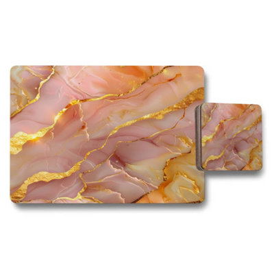 Benjamin Tate Design Gold Veined Pink Marble Placemat And Coaster Set Signature Collection For Elegant Table Settings from B&Q