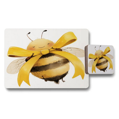 B&Q -  Bee Motif Placemat And Coaster Set In Premium Wood Base Designer Artwork Collection Limited