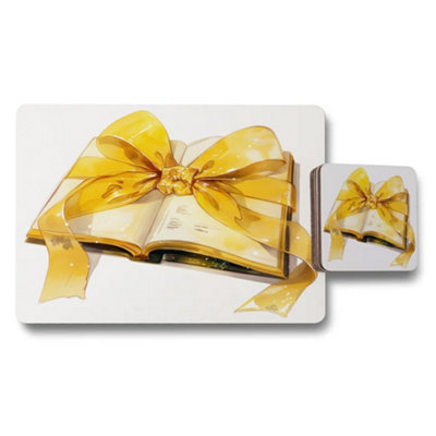 B&Q -  Placemat Coaster Set With Wood Base Featuring Yellow Ribbon Book Artwork Giclee Print Collection Exclusive