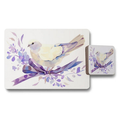 B&Q -  Watercolor Bird Placemat And Coaster Set From Designer Artwork Collection With Wood Back Limited Edition