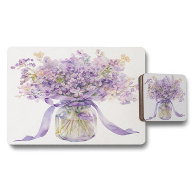 B&Q -  Elegant Placemat Coaster Set Lavender Bouquet Fine Art Print Collection Exclusive Design With Wood Base