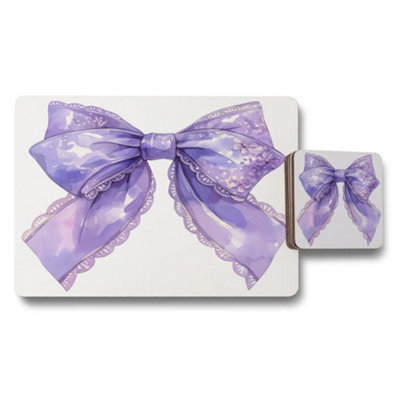 B&Q -  Designer Artwork Purple Bow Placemat And Coaster Set With Wood Backing Limited Edition