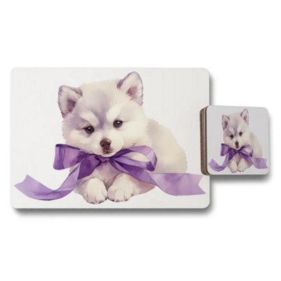 B&Q -  Placemat And Coaster Set Designer Artwork Wood Bottom Purple Ribbon Puppy Exclusive Edition