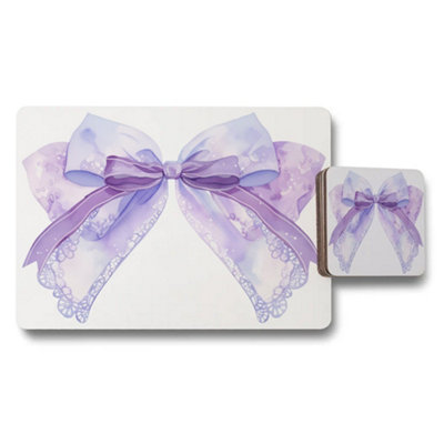 B&Q -  Placemat And Coaster Set Lavender Bow Designer Artwork On Wood Bottom Exclusive Collection
