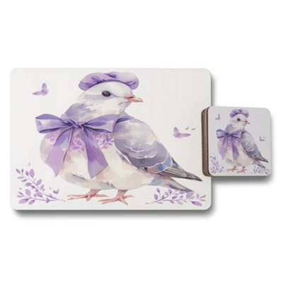 B&Q -  Placemat Coaster Set With Wood Bottom And Watercolor Purple Bird Artwork Limited Edition