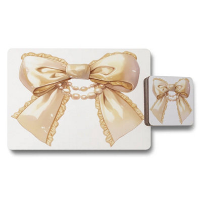 B&Q -  Placemat And Coaster Set Gold Bow Design Designer Artwork Wood Back Limited Edition